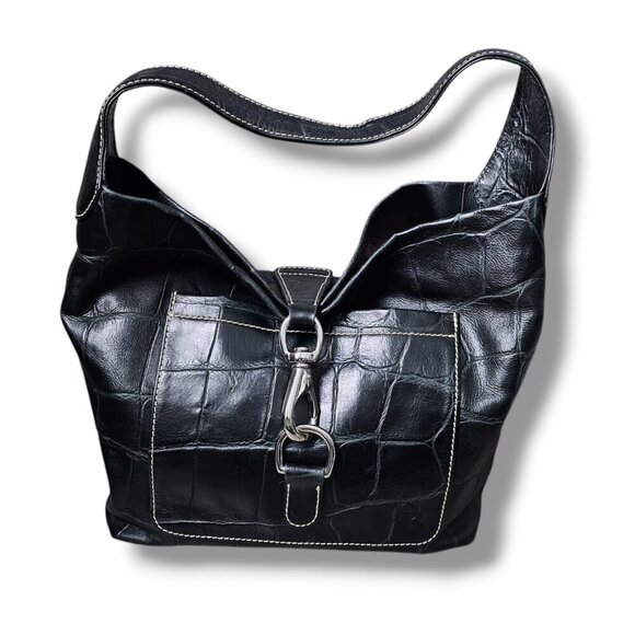 DOONEY & BOURKE Croc Embossed Leather Hobo Clip Black Sac Bag Shoulder Bag - Picture 1 of 15